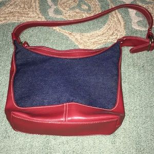 Denim & red faux leather purse